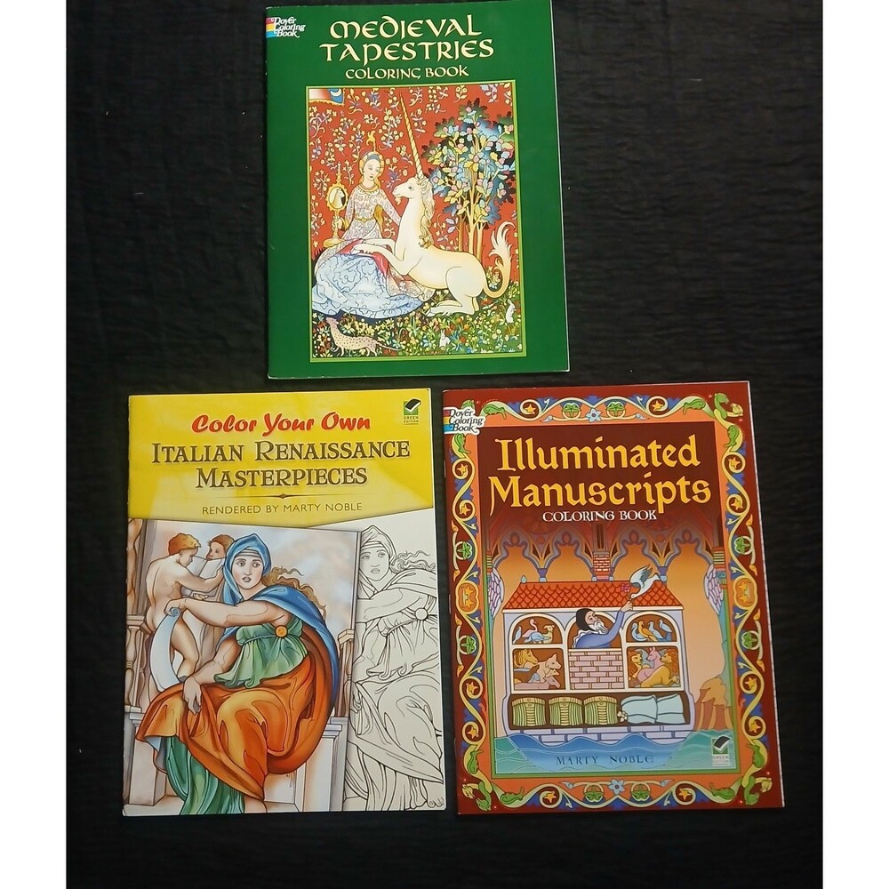 3 Dover Adult Coloring Books Illuminated Manuscripts/Medieval Tapestries/and